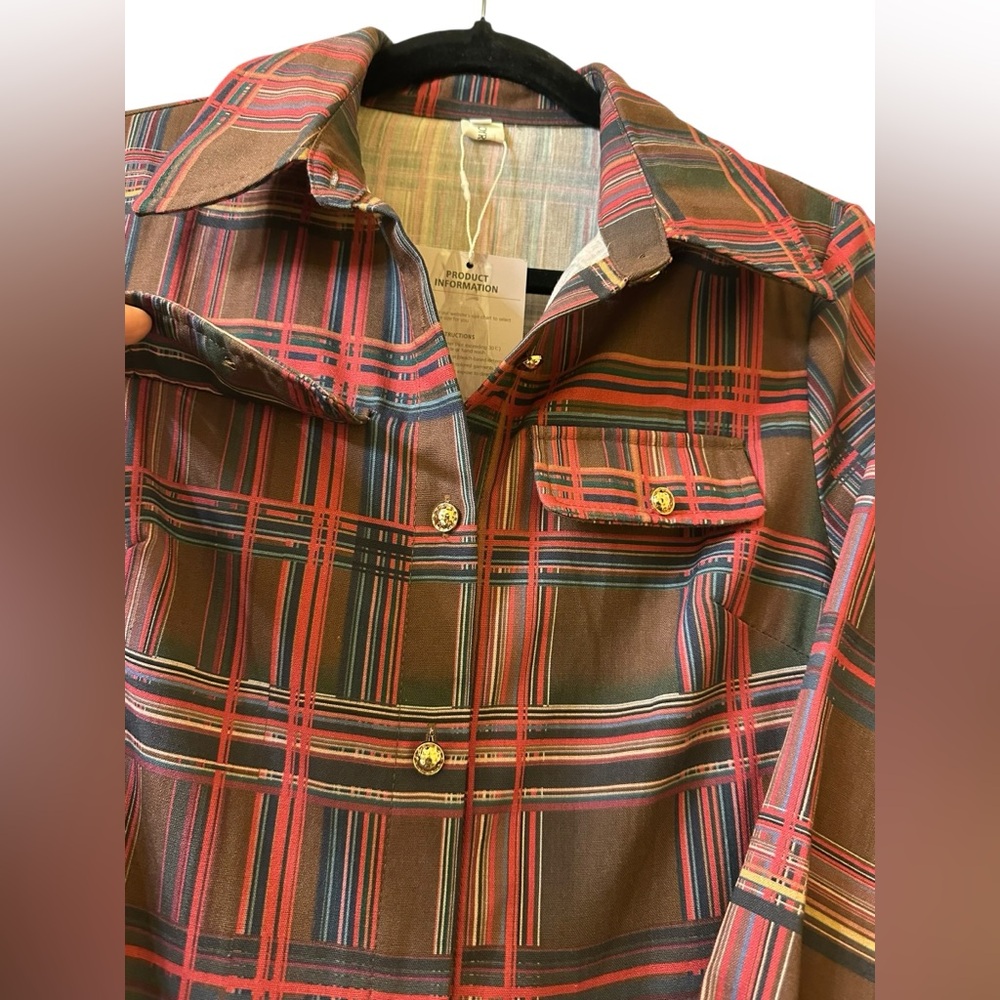 Oyrosy Retro Ethnic Style Lapel Reddish Brown Plaid Maxi Dress size S - Picture 9 of 11